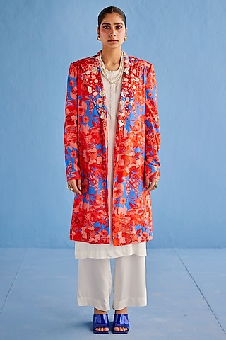 Red Silk Chanderi Printed Jacket Set by Esha Arora