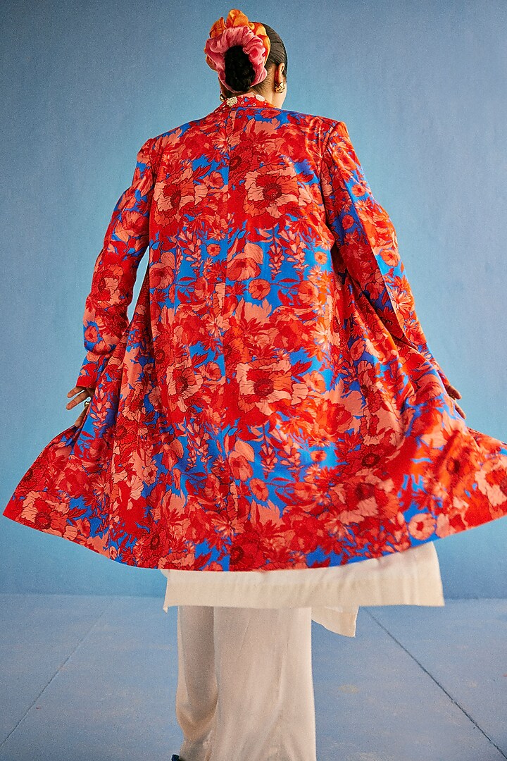 Red Silk Chanderi Printed Jacket Set by Esha Arora at Pernia's Pop Up Shop