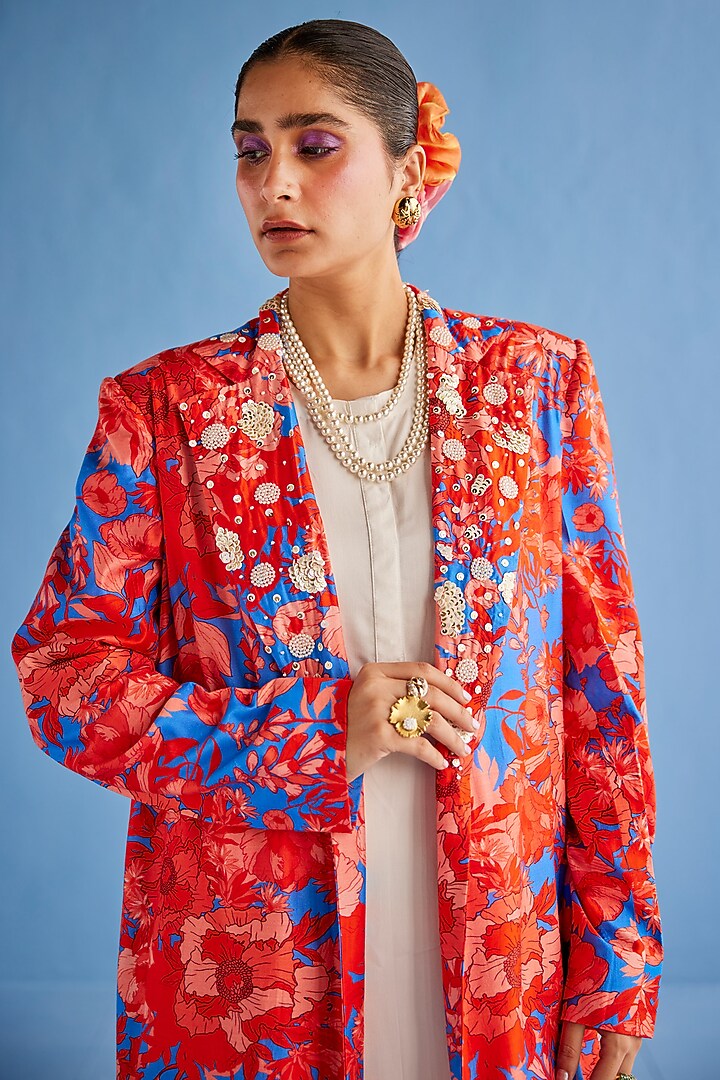 Red Silk Chanderi Printed Jacket Set by Esha Arora at Pernia's Pop Up Shop