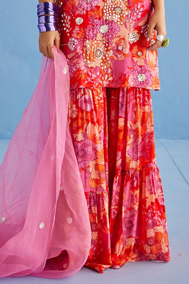 Pink Cotton Silk Printed Party Wear Sharara Set by Esha Arora at Pernia's Pop Up Shop