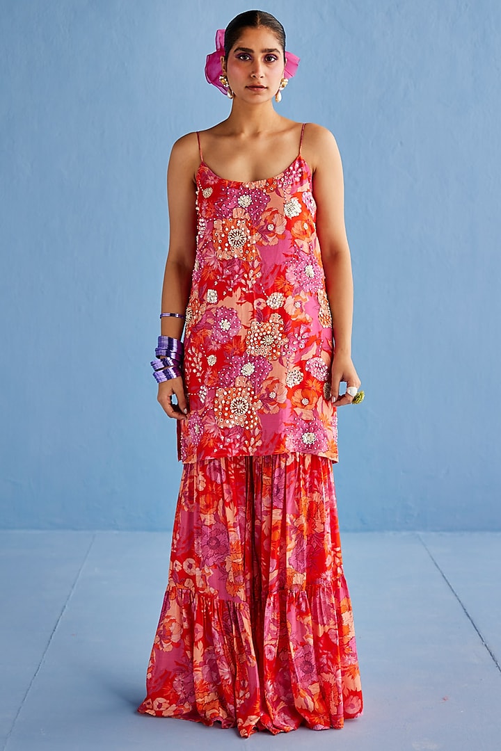 Pink Cotton Silk Printed Party Wear Sharara Set by Esha Arora at Pernia's Pop Up Shop