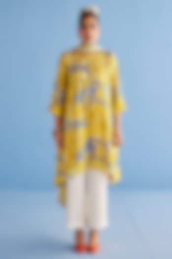 Yellow Cotton Silk & Cotton Satin Printed Kurta Set by Esha Arora at Pernia's Pop Up Shop