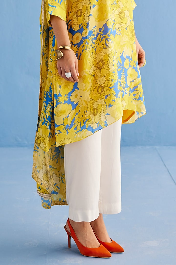 Yellow Cotton Silk & Cotton Satin Printed Kurta Set by Esha Arora at Pernia's Pop Up Shop