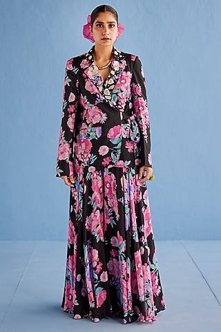 Black Silk Chanderi Printed Sharara Set by Esha Arora