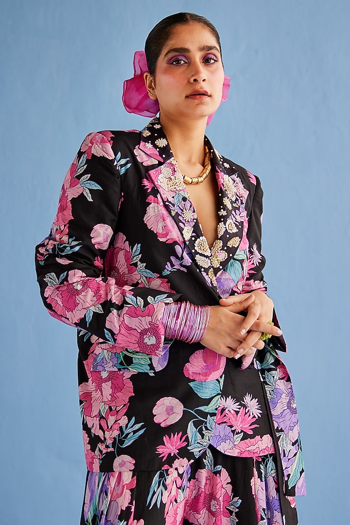 Black Silk Chanderi Printed Party Wear Sharara Set by Esha Arora at Pernia's Pop Up Shop
