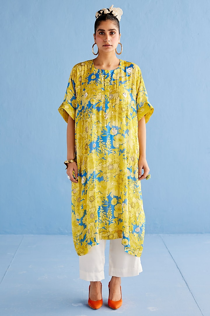 Yellow Cotton Silk Printed Kaftan Set by Esha Arora at Pernia's Pop Up Shop