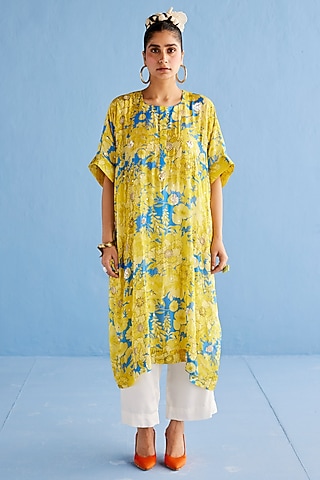 Yellow Cotton Silk Printed Kaftan Set by Esha Arora
