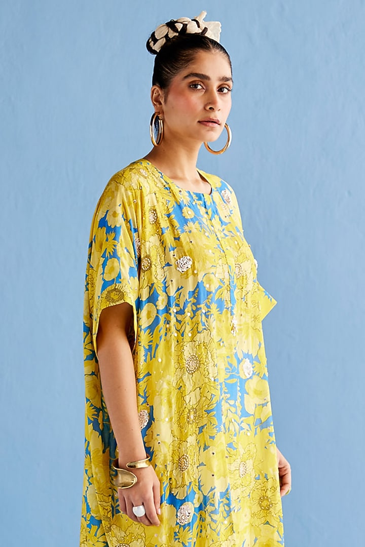 Yellow Cotton Silk Printed Kaftan Set by Esha Arora at Pernia's Pop Up Shop