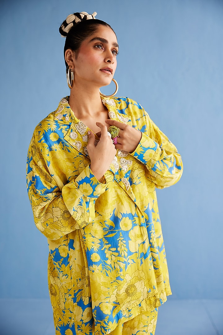 Yellow Cotton Silk Printed Co-Ord Set by Esha Arora at Pernia's Pop Up Shop