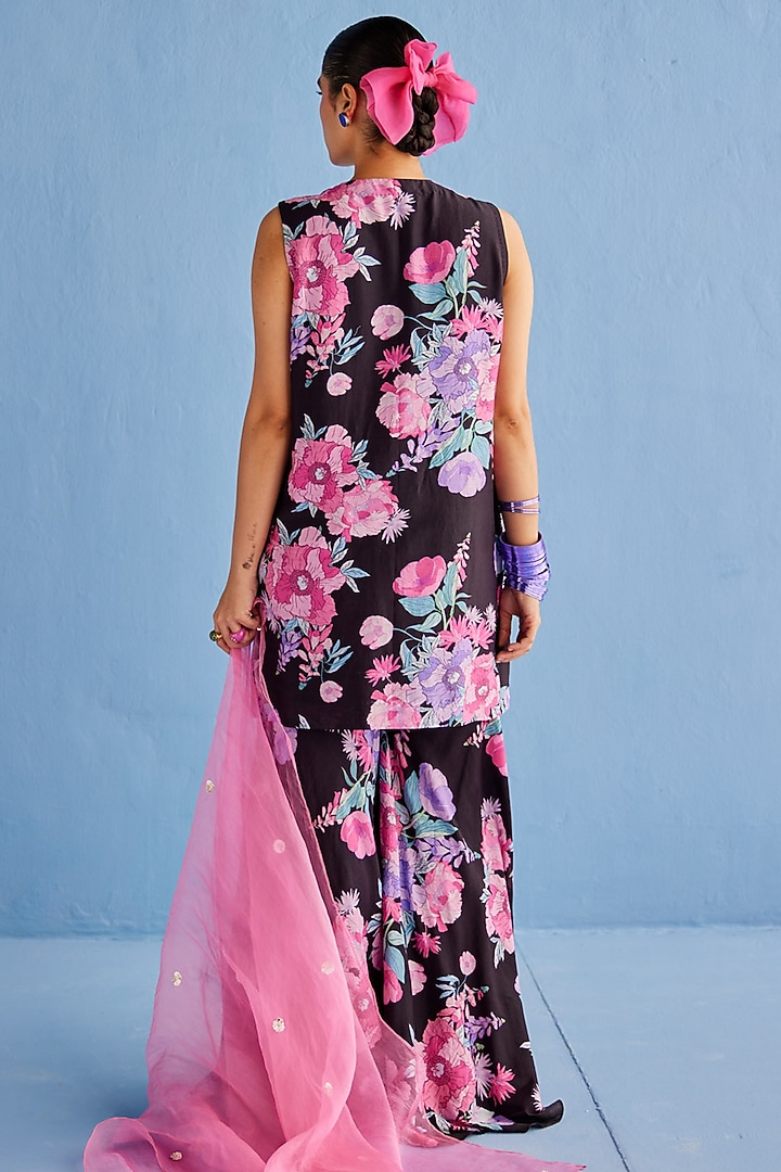 Black Chanderi Silk Printed Party Wear Sharara Set by Esha Arora at Pernia's Pop Up Shop