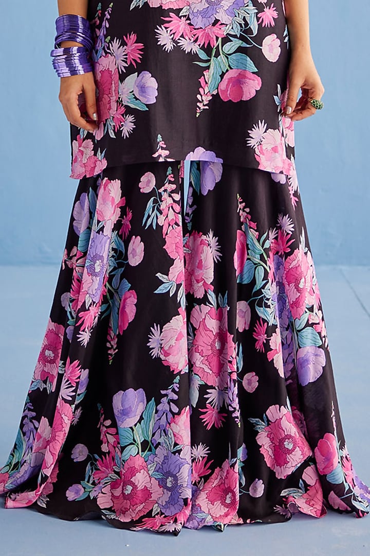 Black Chanderi Silk Printed Party Wear Sharara Set by Esha Arora at Pernia's Pop Up Shop