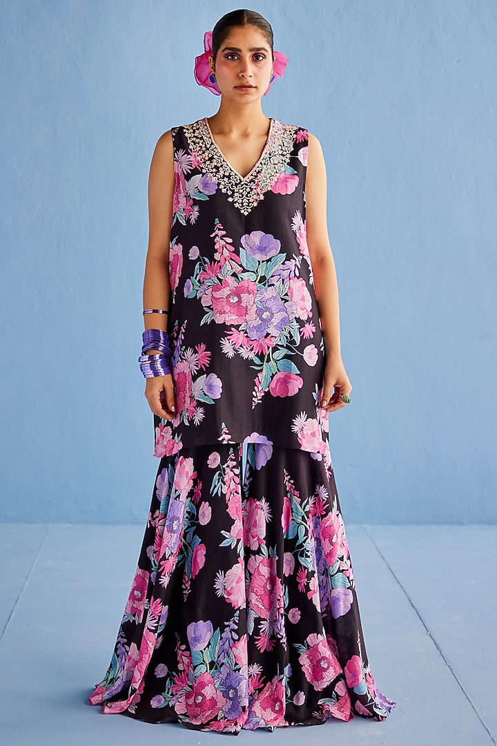 Black Chanderi Silk Printed Party Wear Sharara Set by Esha Arora at Pernia's Pop Up Shop