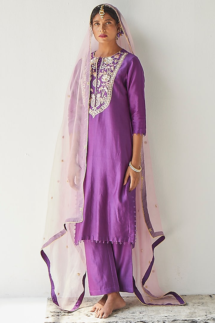 Purple Chanderi Silk Kurta Set by Esha Arora