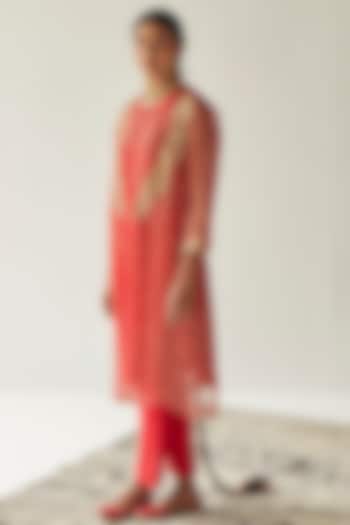 Red Silk Kurta Set With Jacket by Esha Arora