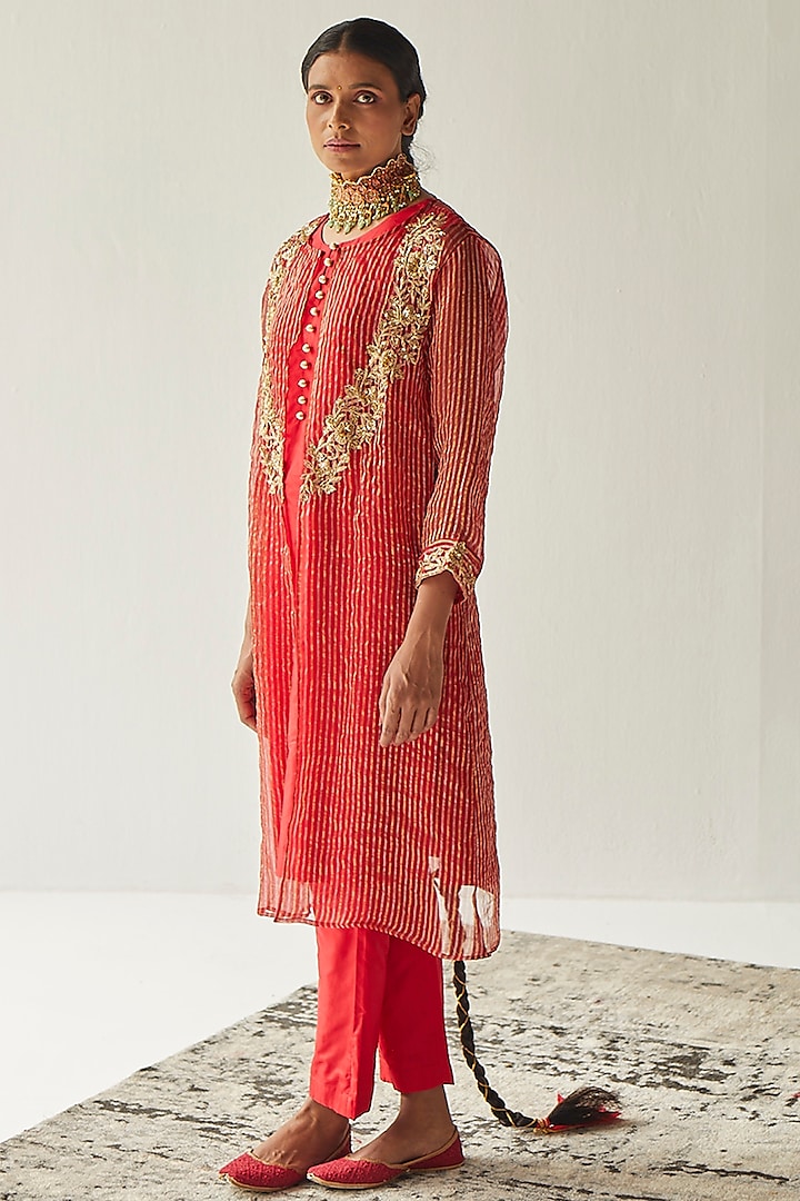 Red Silk Kurta Set With Jacket by Esha Arora