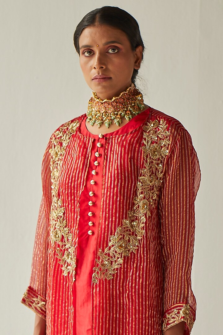Red Silk Kurta Set With Jacket by Esha Arora at Pernia's Pop Up Shop