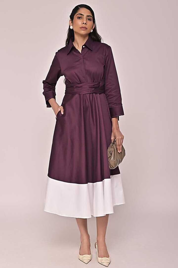 Purple & White Cotton Color Block Flared Midi Summer Dress by Escape by Aishwarya at Pernia's Pop Up Shop