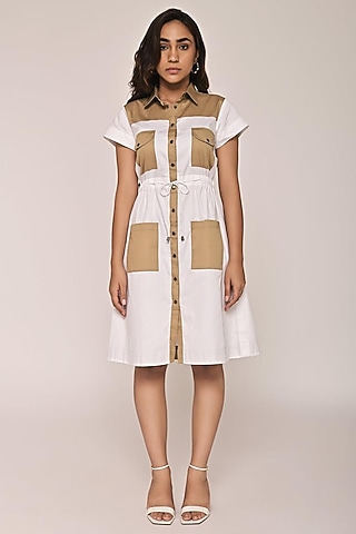 White & Beige Cotton Dress by Escape by Aishwarya
