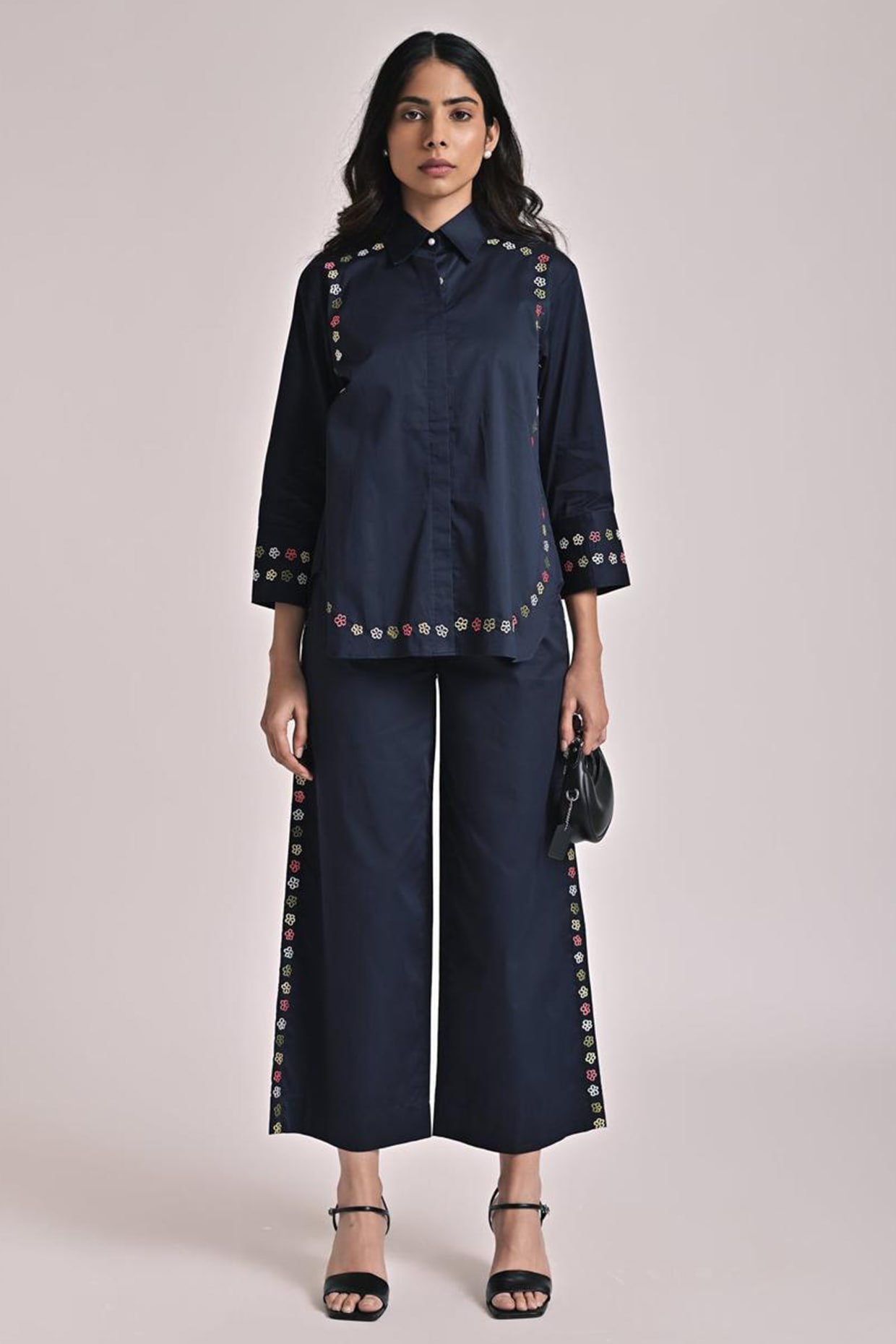 Escape by Aishwarya Navy Blue Cotton Embroidered Co-Ord Set