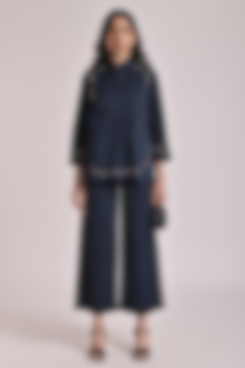 Navy Blue Cotton Embroidered Co-Ord Set by Escape by Aishwarya at Pernia's Pop Up Shop