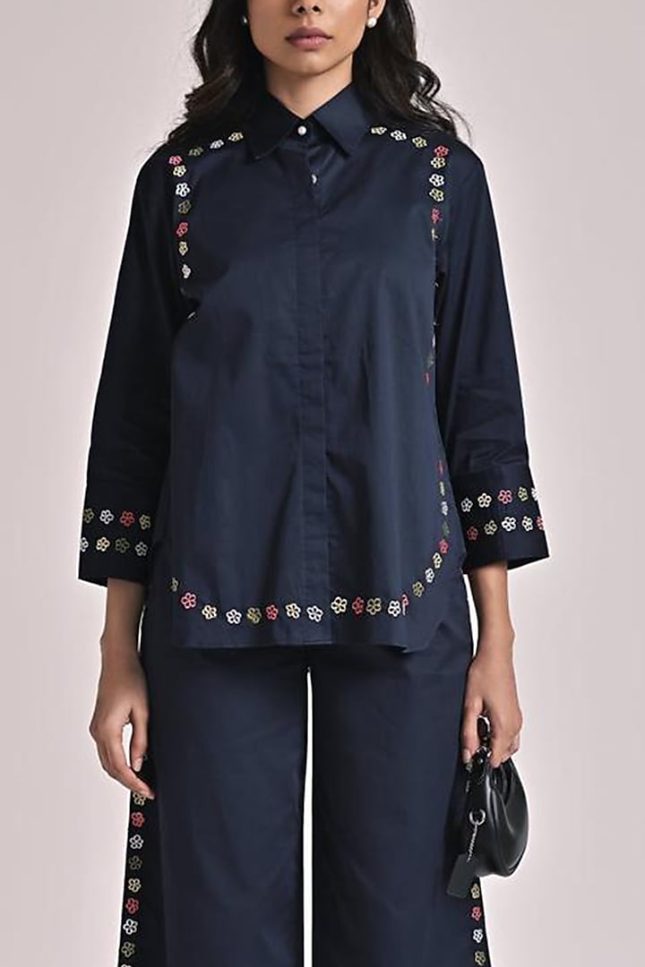 Navy Blue Cotton Embroidered Co-Ord Set by Escape by Aishwarya at Pernia's Pop Up Shop