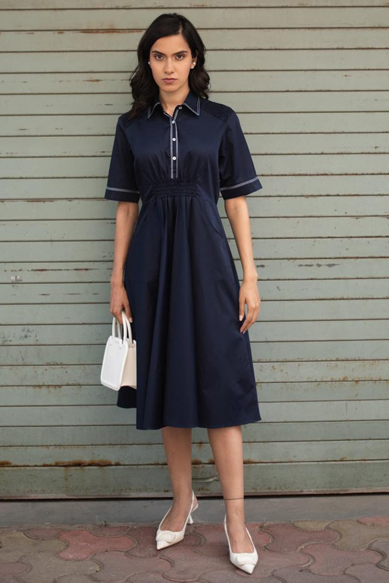 Escape by Aishwarya Navy Blue Cotton Ruched A-Line Midi Dress