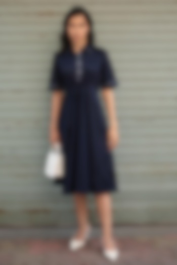 Navy Blue Cotton Ruched A-Line Midi Summer Dress by Escape by Aishwarya at Pernia's Pop Up Shop