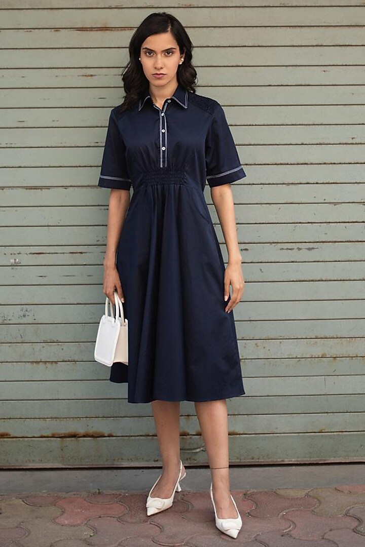 Navy Blue Cotton Ruched A-Line Midi Summer Dress by Escape by Aishwarya at Pernia's Pop Up Shop
