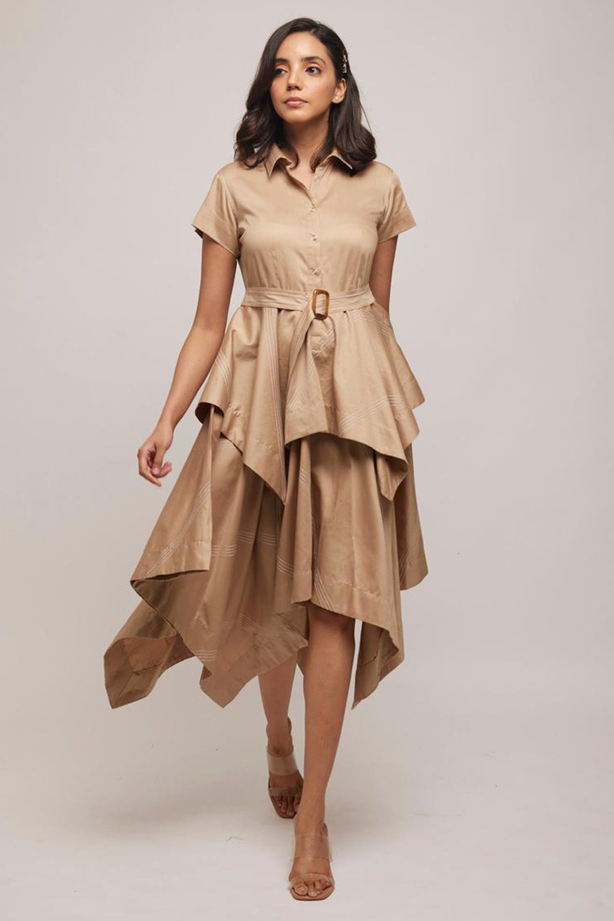 Escape by Aishwarya Beige Gold Cotton Asymmetric High-Low Midi Dress