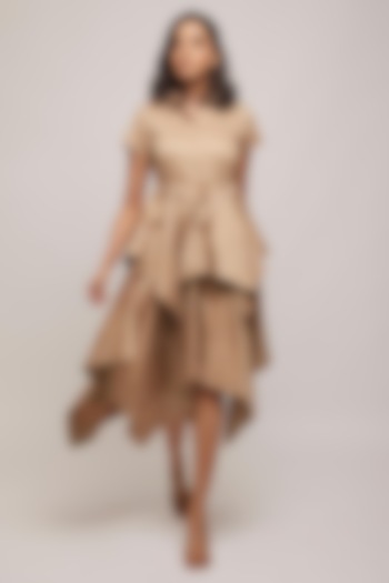 Beige Gold Cotton Asymmetric High-Low Midi Summer Dress by Escape by Aishwarya at Pernia's Pop Up Shop