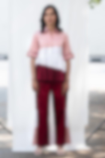 Maroon Cotton Pleated Color Block Pants Set by Escape by Aishwarya at Pernia's Pop Up Shop