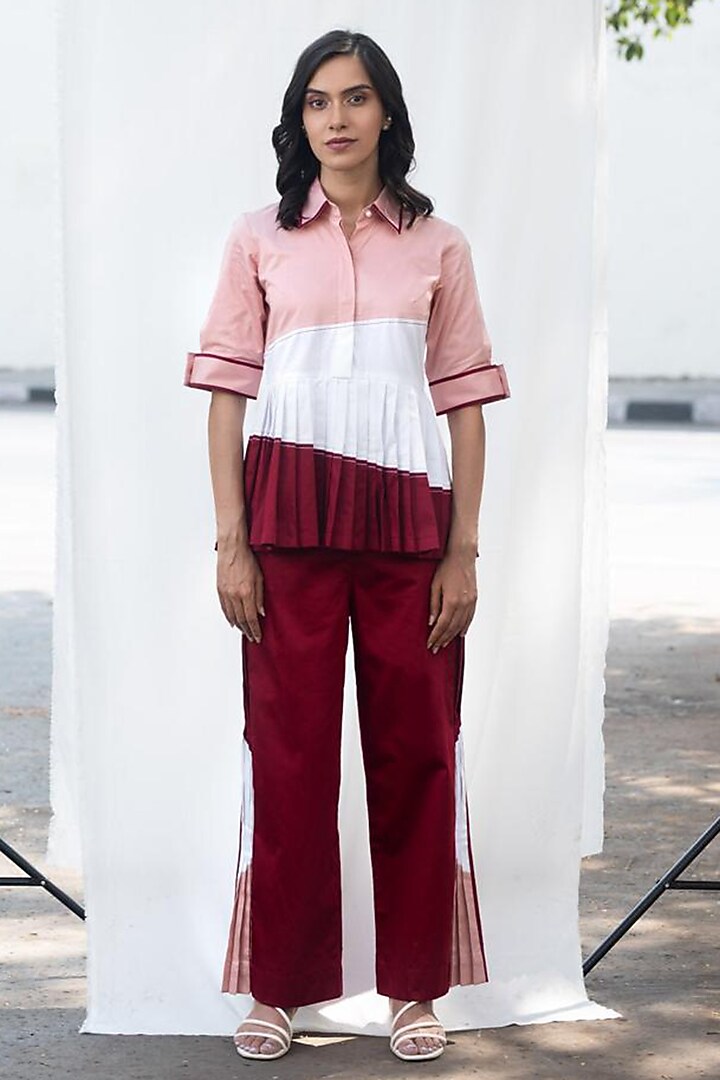 Maroon Cotton Pleated Color Block Pants Set by Escape by Aishwarya at Pernia's Pop Up Shop