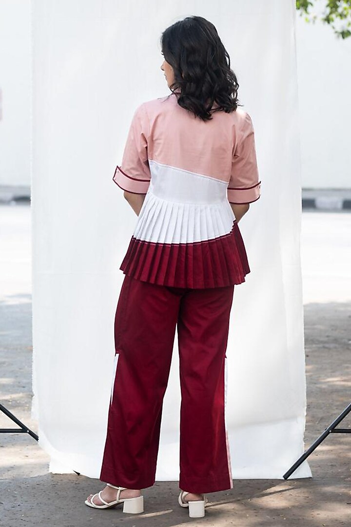 Maroon Cotton Pleated Color Block Pants Set by Escape by Aishwarya at Pernia's Pop Up Shop