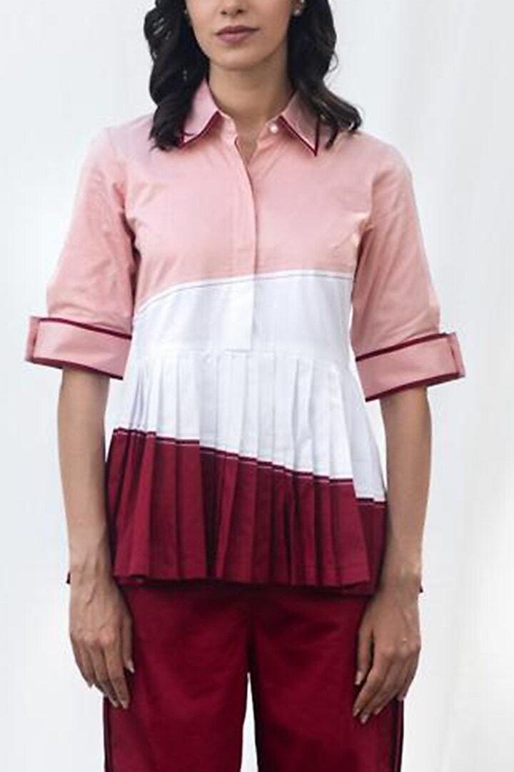 Maroon Cotton Pleated Color Block Pants Set by Escape by Aishwarya at Pernia's Pop Up Shop