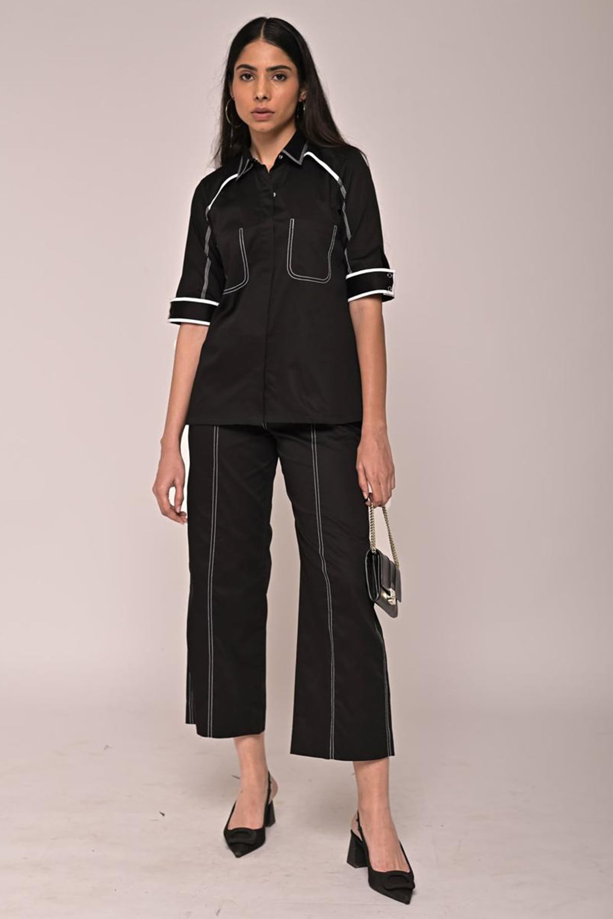 Escape by Aishwarya Black Cotton Contrast Piped Co-ord Set