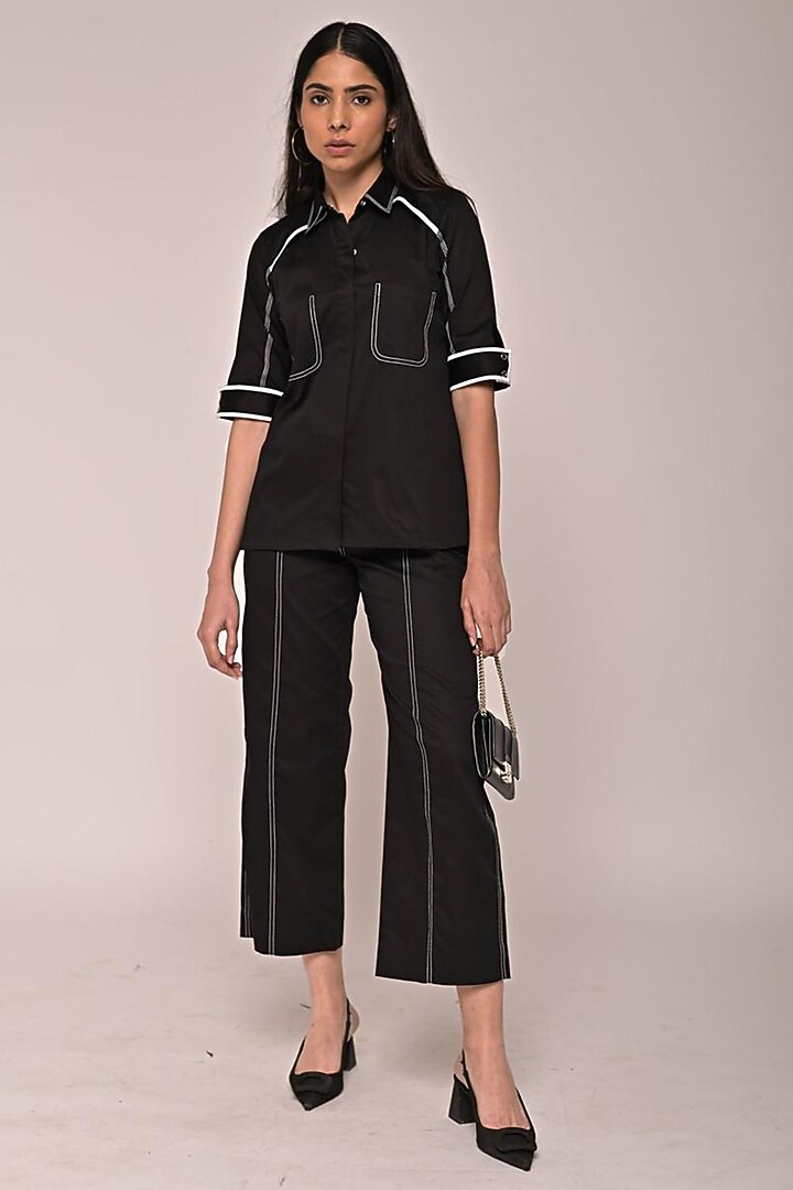 Black Cotton Contrast Piped Co-ord Set by Escape by Aishwarya at Pernia's Pop Up Shop