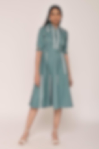 Peacock Blue Cotton Kantha Sunray Embroidered Flared Midi Summer Dress by Escape by Aishwarya at Pernia's Pop Up Shop