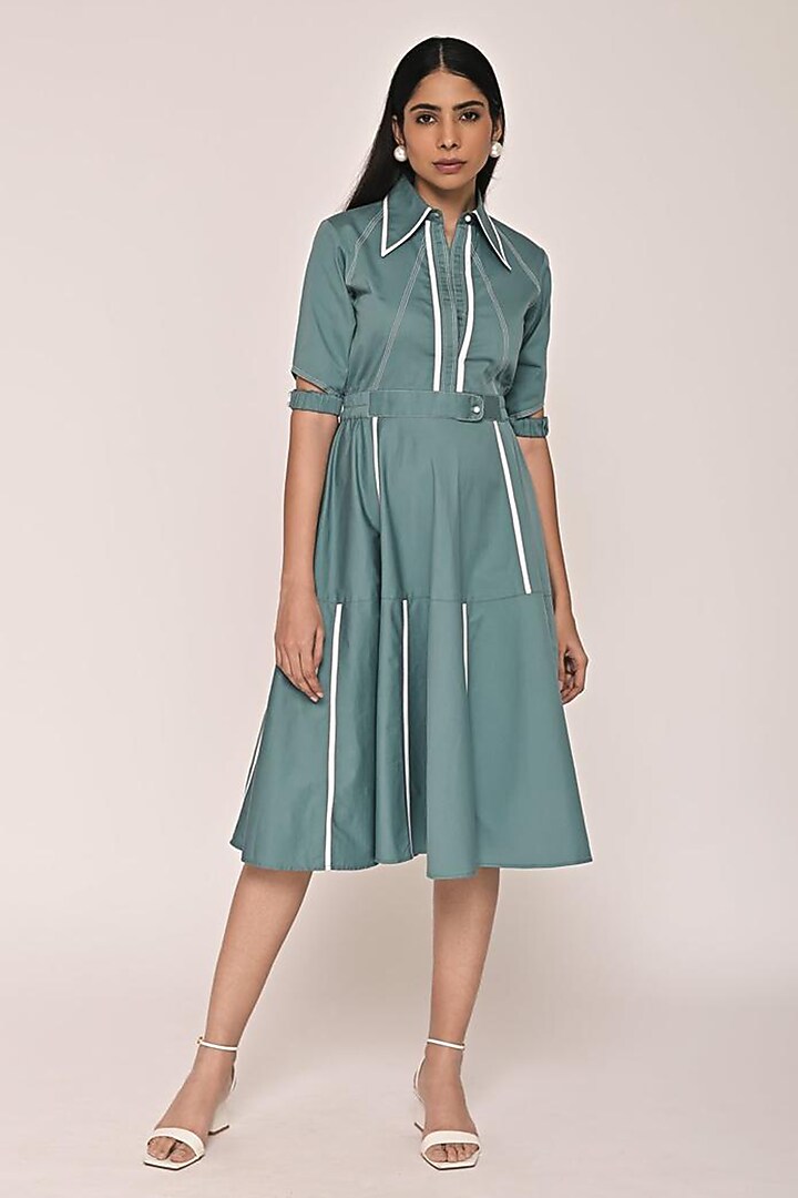 Peacock Blue Cotton Kantha Sunray Embroidered Flared Midi Summer Dress by Escape by Aishwarya at Pernia's Pop Up Shop