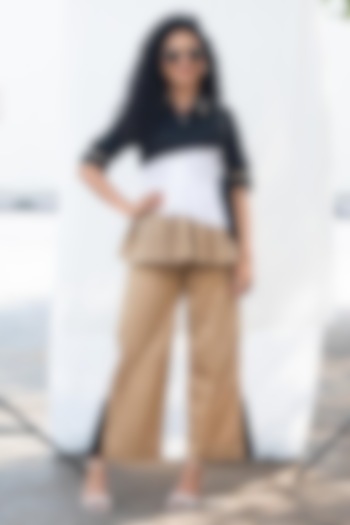 Beige Cotton Pleated Color Block Pants Set by Escape by Aishwarya at Pernia's Pop Up Shop