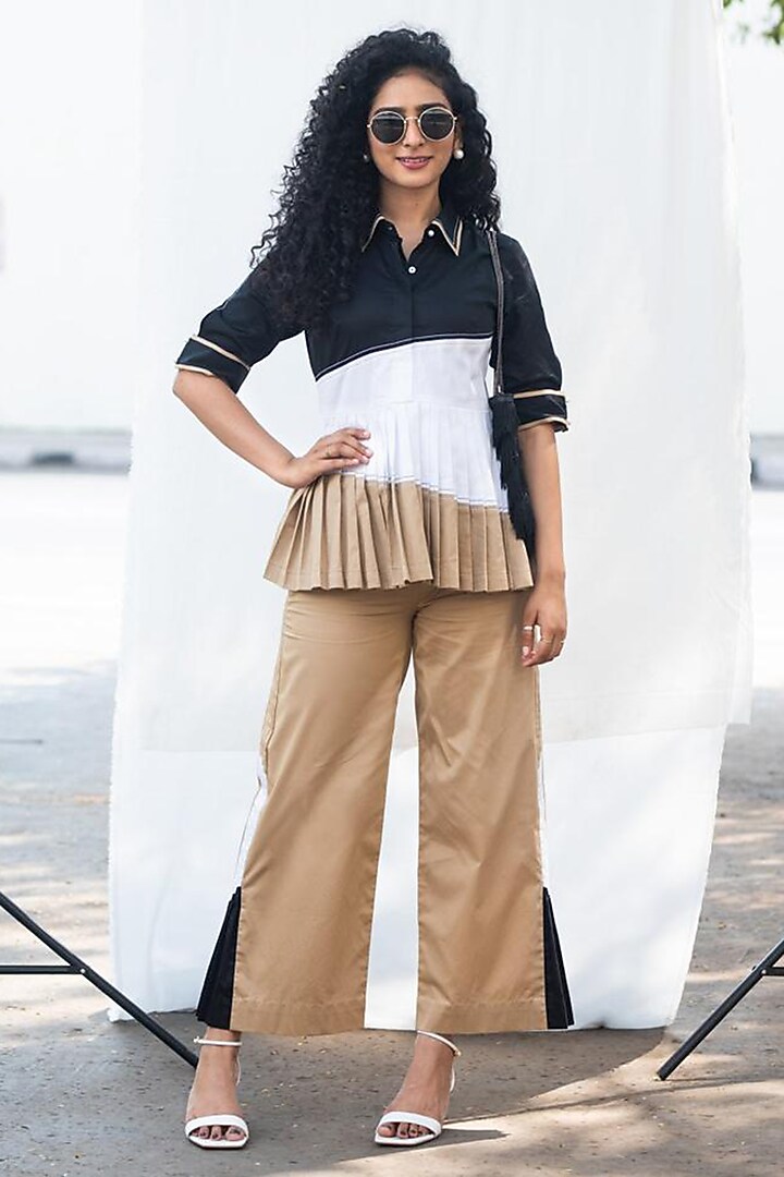 Beige Cotton Pleated Color Block Pants Set by Escape by Aishwarya at Pernia's Pop Up Shop
