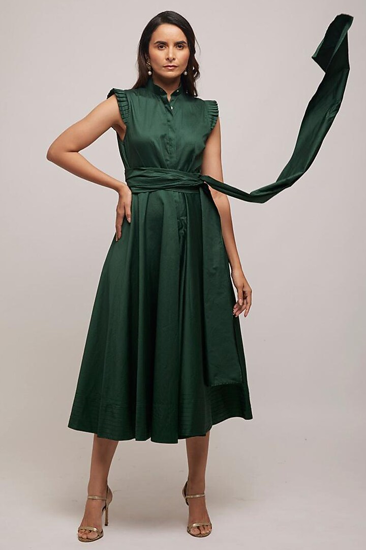 Green Cotton Pleated Circular Jumpsuit by Escape by Aishwarya at Pernia's Pop Up Shop