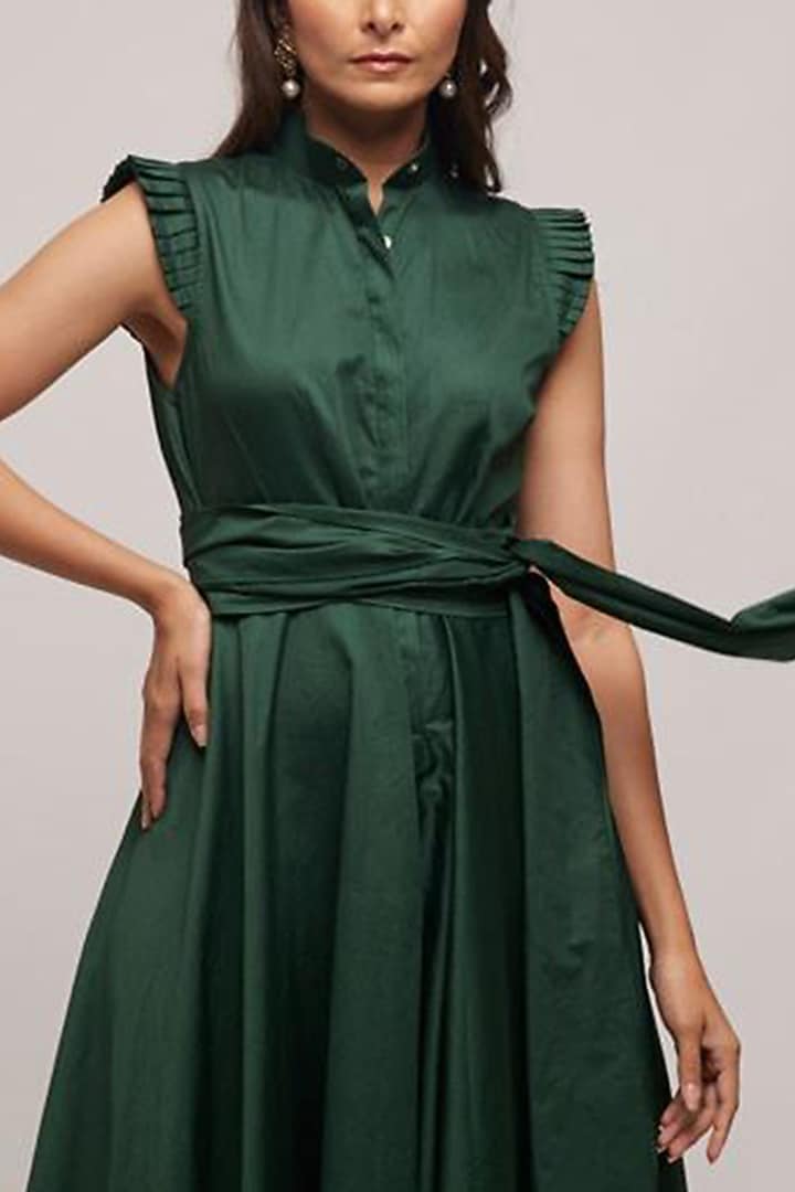 Green Cotton Pleated Circular Jumpsuit by Escape by Aishwarya at Pernia's Pop Up Shop