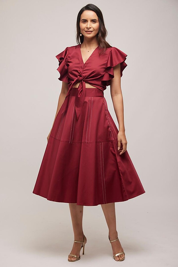 Maroon Cotton Layered Skirt Set by Escape by Aishwarya at Pernia's Pop Up Shop