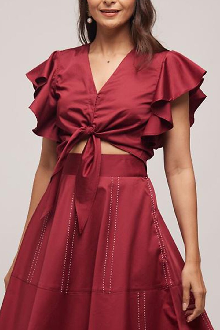 Maroon Cotton Layered Skirt Set by Escape by Aishwarya at Pernia's Pop Up Shop