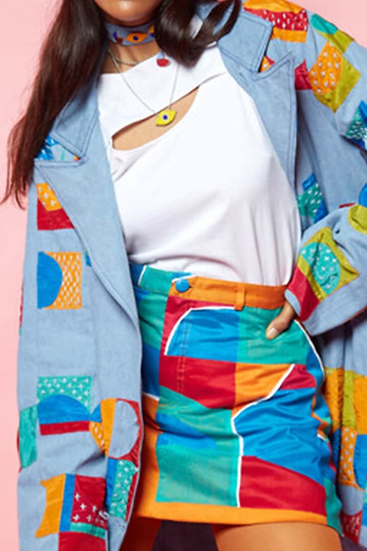 Blue Denim Jacket With Patchwork by Esha L Amin at Pernia's Pop Up Shop