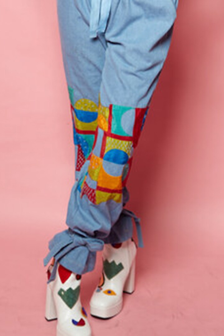 Blue Denim Pants With Patchwork by Esha L Amin at Pernia's Pop Up Shop