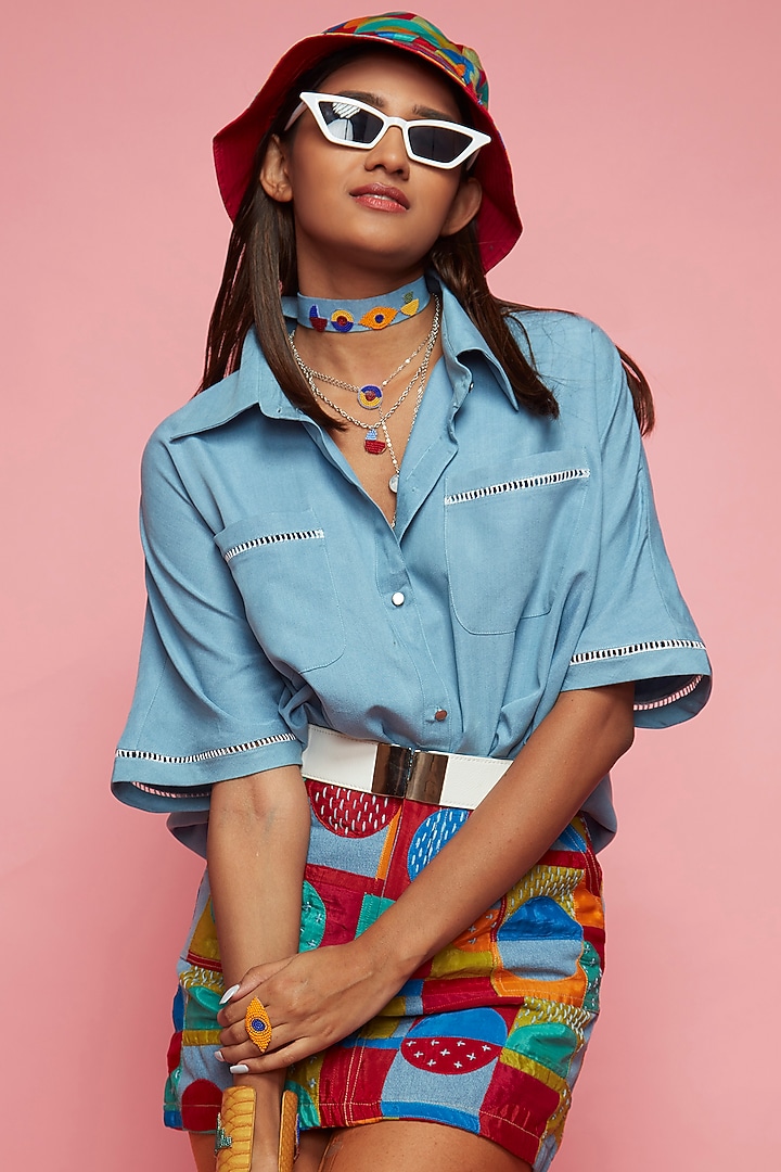 Blue Denim Shirt With Patchwork by Esha L Amin at Pernia's Pop Up Shop