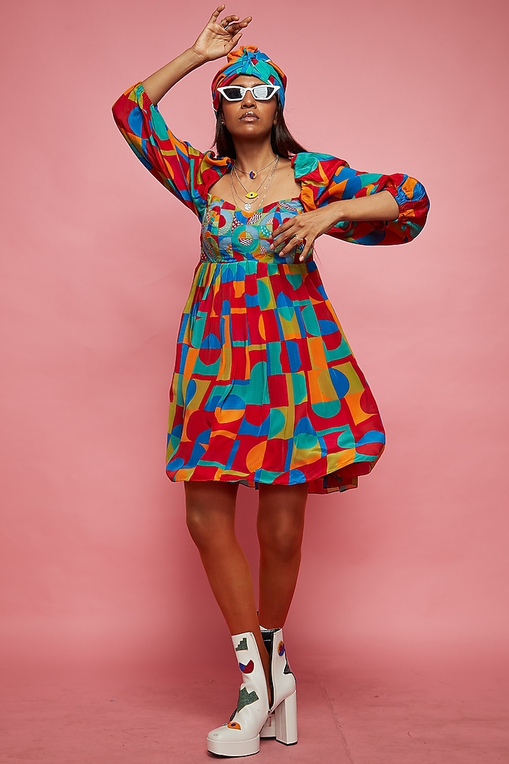Multi-Colored Crepe Gathered Mini Dress by Eshaa Amiin
