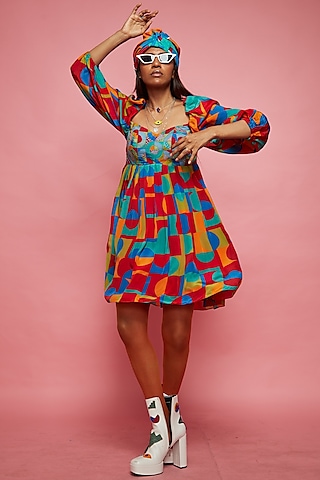 Multi-Colored Crepe Gathered Mini Dress by Esha L Amin