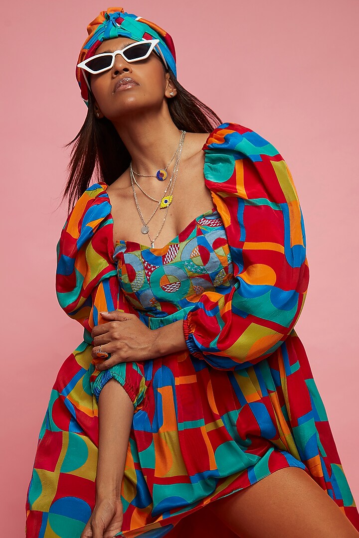 Multi-Colored Crepe Gathered Mini Vacation Dress by Esha L Amin at Pernia's Pop Up Shop